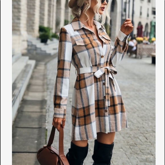 Cozy Button Up Plaid Belted Shirt Dress - Picture 5 of 6